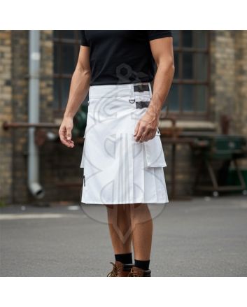 White Utility Kilt For Men With Leather Straps