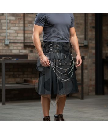 Black Fashion Utility Kilt With Chains