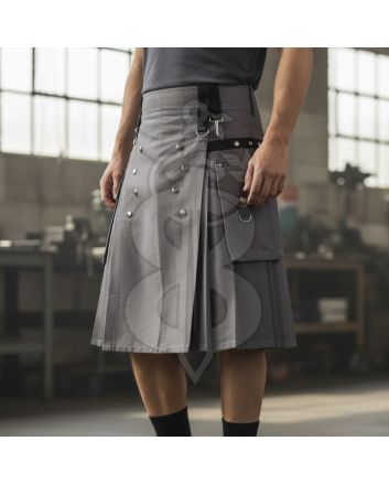 Grey Utility Kilt with Adjustable Straps and Pockets