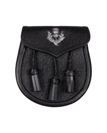Black Leather Sporran With Thistle Emblem