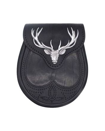 Black Stag Head Leather Sporran 