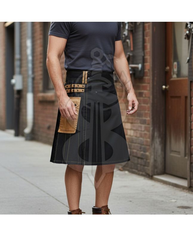Mens Deluxe Black and Brown Utility Kilt