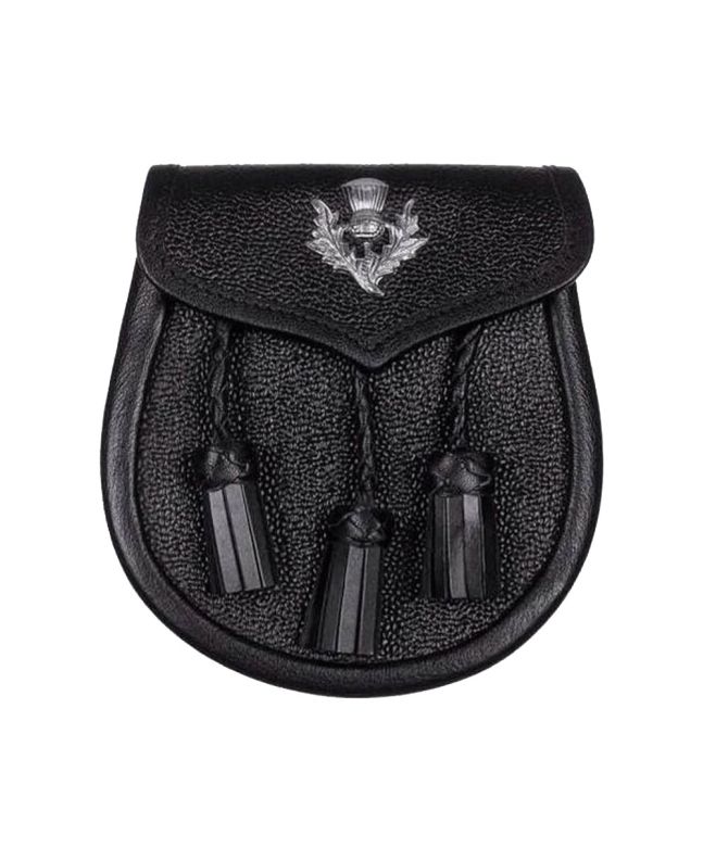 Black Leather Sporran With Thistle Emblem