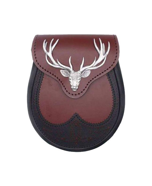 Enamel Stag Head Blood Leather Sporran