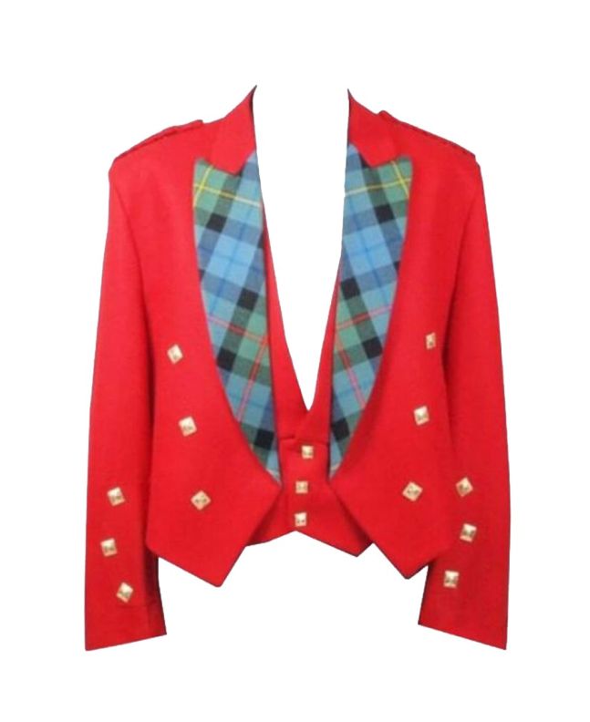 Red Prince Charlie Jacket With Tartan Lapel 